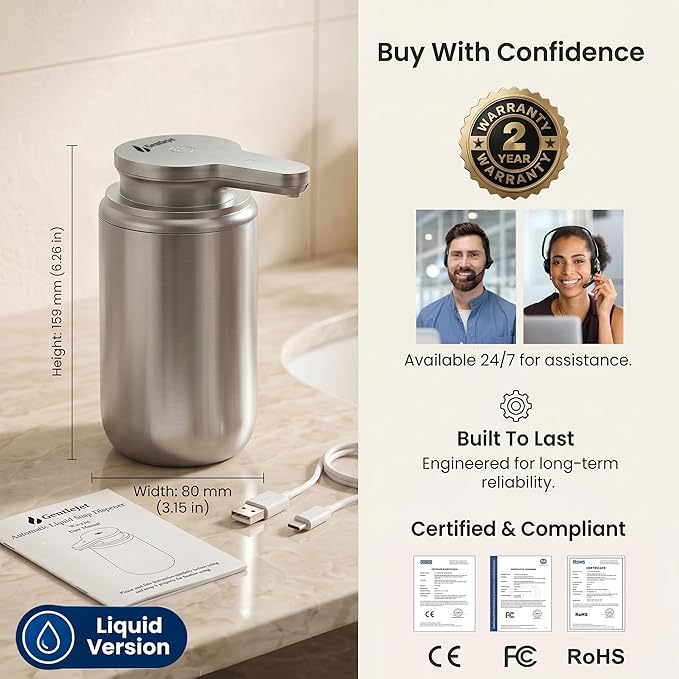 GentleJet WaveJet Automatic Liquid Soap Dispenser Touchless Sensor, USB-C Rechargeable, 304 Stainless Steel, IPX5 Waterproof for Bathroom Kitchen Sink, 10 oz / 300 ml