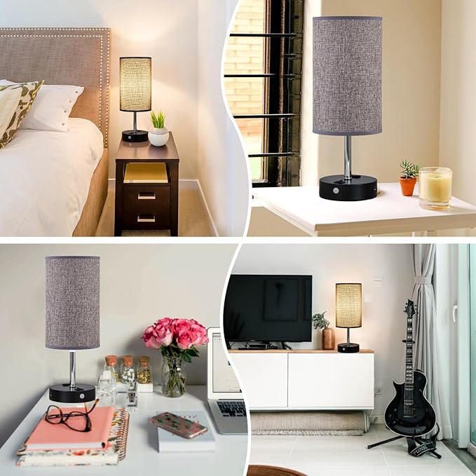 lifeholder Table Lamps with Motion Sensor and Constant on Two Modes, USB Lamp with Warm White Bulb, Fabric Shade, Built-in USB Port & AC Outlet - Bedside Table Lamp for Bedroom or Living Room
