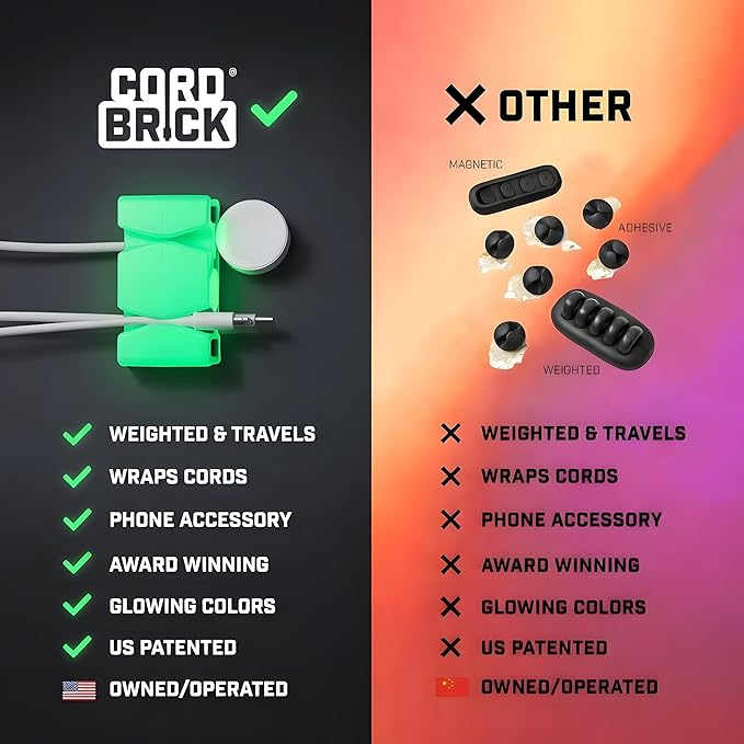 CordBrick 6PK Glowing Silicone + Steel Weighted Cable Holders for Nighstands, Cord Wraps for Travel, Unique iPhone Accessories. Small Graduation Gift for High Schoolers. Gadget for Teens. Green Glow