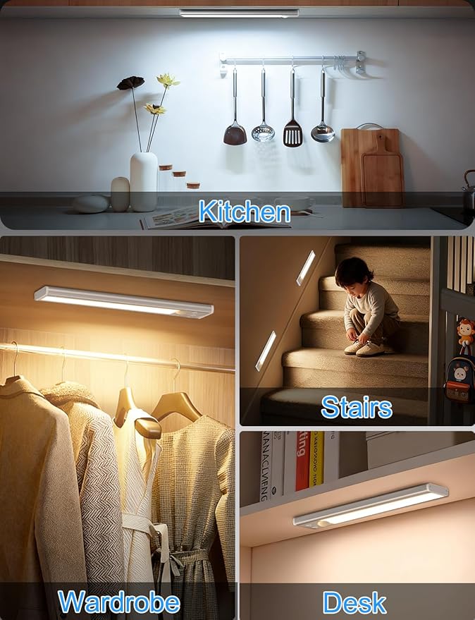 Under Cabinet Lighting with Charging Station, 2200mAh Rechargeable Motion Sensor Light Indoor, Dimmable Closet Lights with 3 Color Tempers, Magnetic Under Cabinet Lights for Kitchen Wireless, 3-Pack