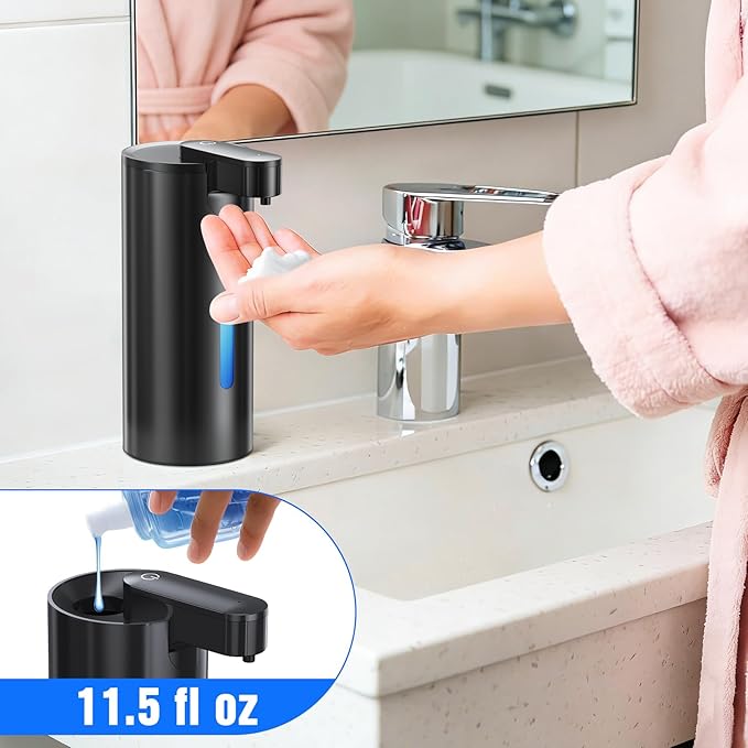 Fantictas Automatic Foaming Soap Dispenser Touchless, Stainless Steel 11.5 oz 3 Levels Adjustable Hand Soap Dispenser with Rechargeable Sensor Pump for Kitchen & Bathroom Liquid Soap,Black