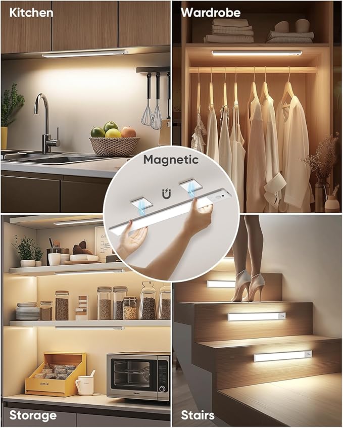 Under Cabinet Lighting Wireless, Rechargeable LED Motion Sensor Light Indoor, Closet Lights with Remote, Timer, 3 Color Temps & Dimmable Magnetic Under Counter Lights for Kitchen, Stairs, 4 Pack