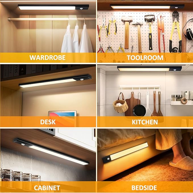 80 LED Motion Sensor Under Cabinet Lights with Hand Wave, 3 Color Temps Indoor Dimmable Closet Light, Rechargeable Wireless Magnetic Strip Night Lights for Hallway, Stairway, Wardrobe(2 Pack, 12 inch)