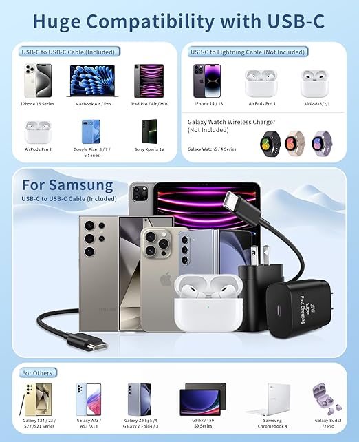Type C Charger Fast Charging,2Pack 25W Super Fast USB C Charger Block with 6Ft USB C Cable Compatible with Samsung Galaxy S24 Ultra/S23/S22/S21/S20/Note 20/10,Pixel 6 5 4 Pro XL/iPhone 15 Series