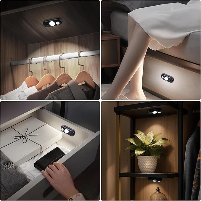 LED Motion Sensor Light Indoor, Black Magnetic Under Cabinet Lighting Daylight White, Dimmable Rechargeable Puck Lights for Closet, Kitchen, Stairs(4 Pack)