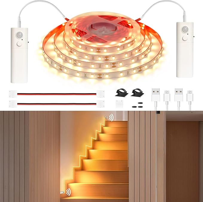 WOBANE Dual Motion Sensor Under Bed Lights,Rechargeable 16.4ft LED Light Strip,Battery Powered Tape Light for Shelves,Cabinet,Anywhere,PIR Detector,Cuttable,Flexible,2700K Warm White