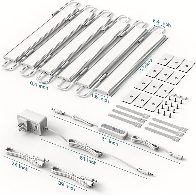 ASOKO Under Cabinet Led Light Plug in, Dimmable Daylight White 4000K, 6 Pack 12 inch Linkable Under Counter Lights 2500lm for Kitchen, Shelf, Workbench, Cupboard, Upgrade ETL Listed Plug 24V