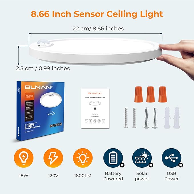 BLNAN Motion Sensor Ceiling Light Wired, 8.7 Inch 3000K 4000K 5000K Selectable LED Flush Mount Light Fixture, Motion Activated Light with Timer for Hallway Stair Walk-in Closet, Non-Dimmable 4 Pack