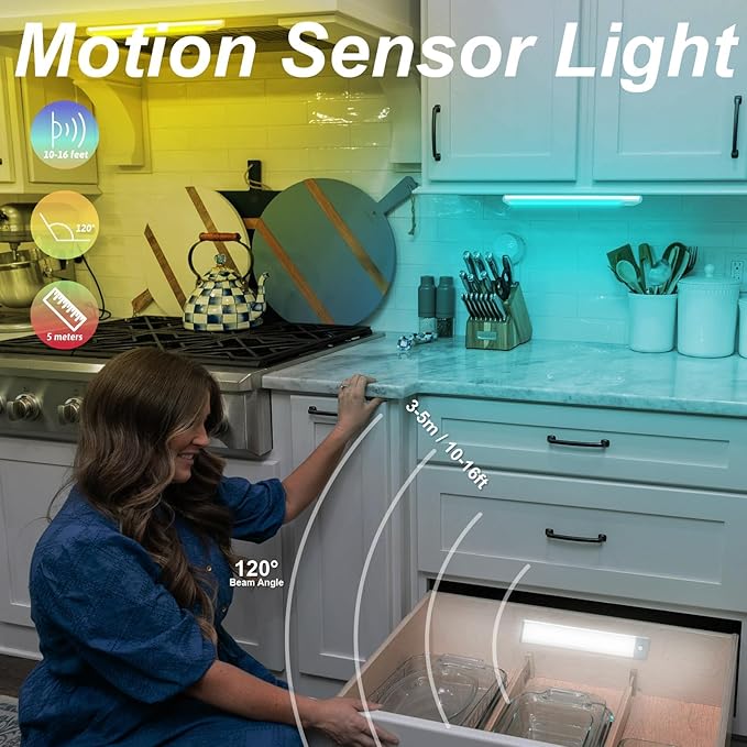 LEPOTEC Motion Sensor Cabinet Lighting,RGB LED Closet Lights Wireless USB Charging Cupboard Night Lights Bar for Under Counter,Kitchen,Bedroom, Home Decoration, Wedding, Christmas,3 Packs