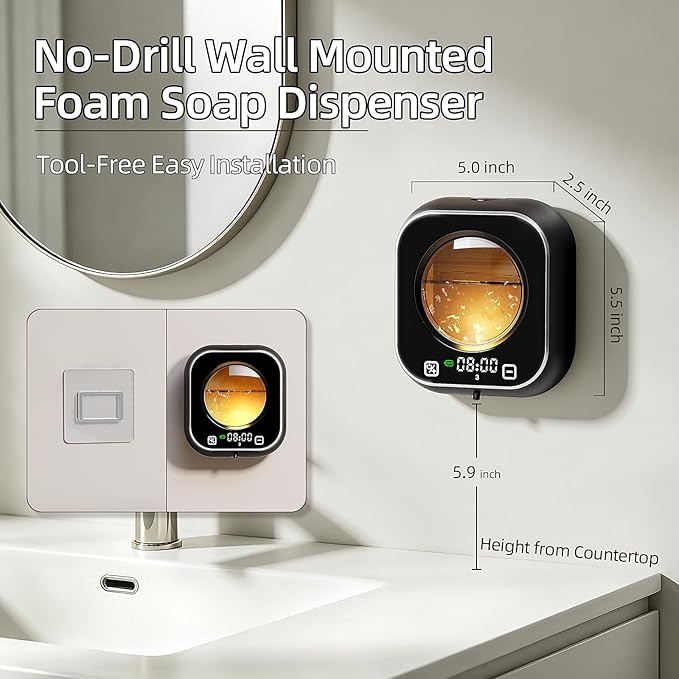 Automatic Foaming Soap Dispenser, Wall Mounted Soap Dispenser, 320ML Electric Smart Touchless Rechargeable, 5 Adjustable Foam Levels, No-Drill Waterproof for Bathroom, Kitchen, Office (Black)