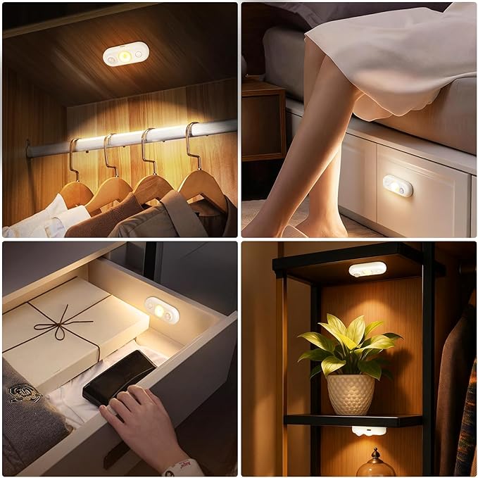LED Motion Sensor Light Indoor, Magnetic Under Cabinet Lighting Warm White, Dimmable Rechargeable Puck Lights for Closet, Kitchen, Stairs(4 Pack)
