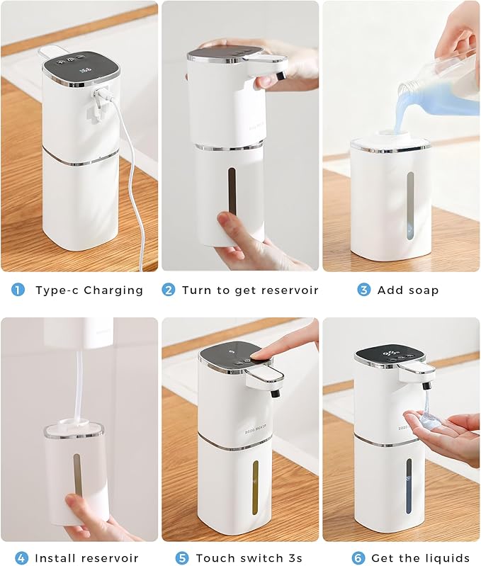 Automatic Liquid Soap Dispenser Touchless,USB Rechargeable, 9-Level Adjustable, 13.5oz/400mL, IPX5 Waterproof, Wall/Tabletop, Compatible with Thick Thin Dish Soap for Kitchen Bathroom, White