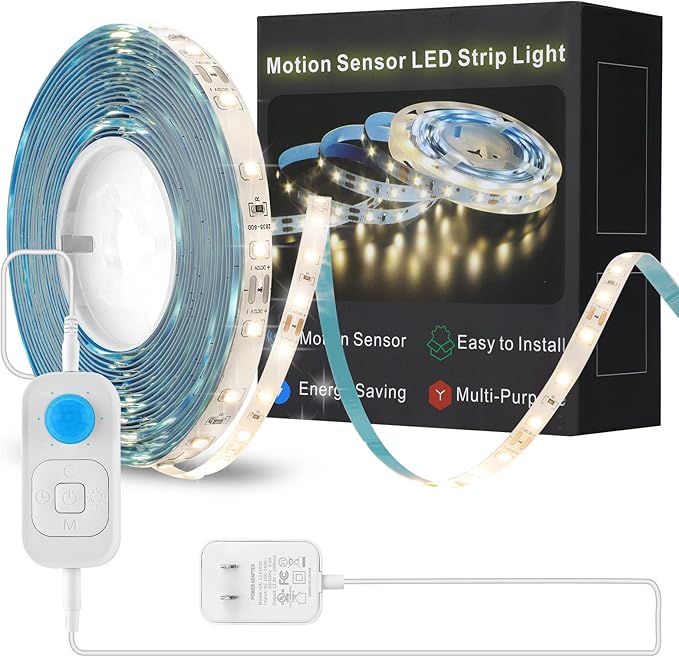 Motion Sensor LED Strip Light - Cabinet Strip Lights with 24W Plug, Dimmer and Timing, 9.84ft 3000K WarmWhite