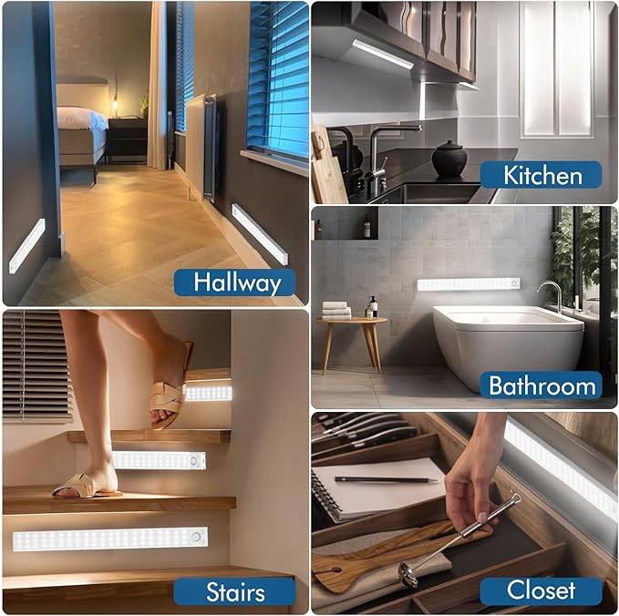 Under Cabinet Lights 14.5 Inch,Under Cabinet Lighting 63LEDS 2500mAh,Motion Sensor Light Indoor Rechargeable Battery Operated,Dimmable Under Counter Lights for Kitchen,Drawers,Wardrobe,Stair Bedroom