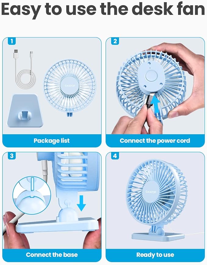 Gaiatop USB Desk Fan, Small But Powerful, Personal Portable Quiet 3 Speeds, Adjustable Mini Table Desktop fan for Cooling Home Office Car Summer Travel Gifts Light blue