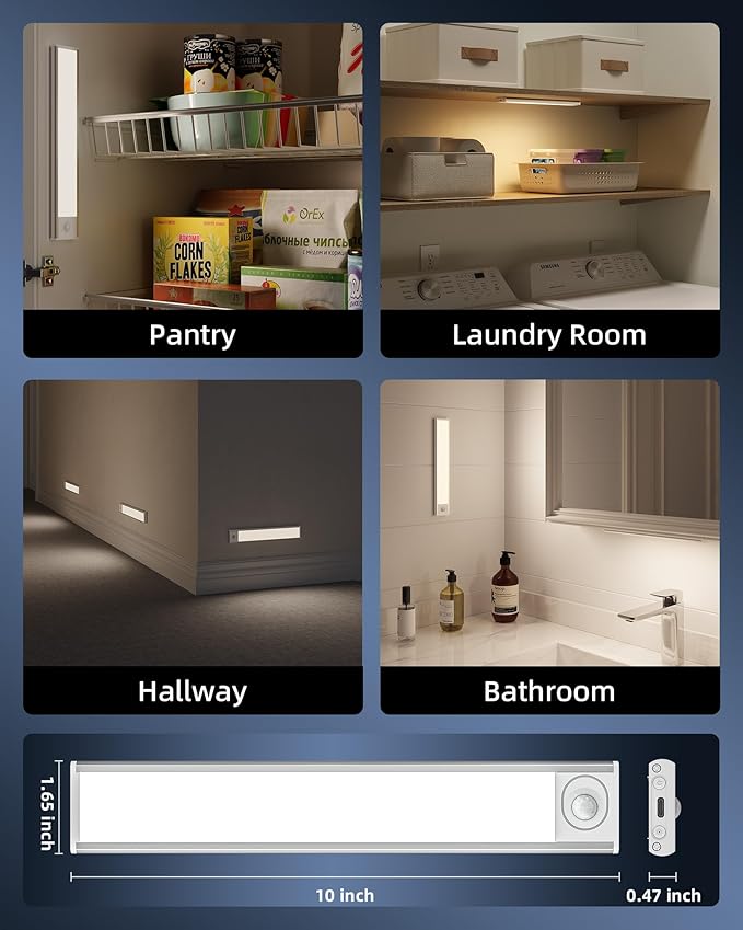 10inch Under Cabinet Lighting Wireless, 3-Pack Rechargeable Battery Motion Sensor Light Indoor, LED Closet Lights USB Charging,3 Color Dimmable Under Cabinet Lights for Kitchen, Cabinet, Wardrobe