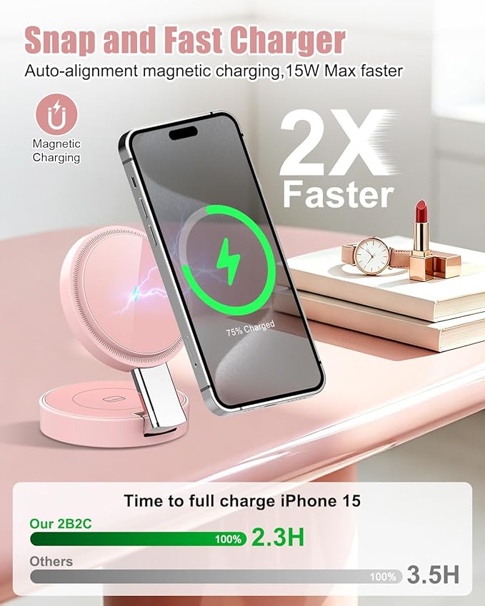 3 in 1 Magnetic Wireless Charging Station for iPhone 17/16/15/14/13/12 Series, Apple Watch and AirPods, MagSafe-Compatible 15W Fast Charging Stand, Foldable Adjustable Travel Charger, Pink