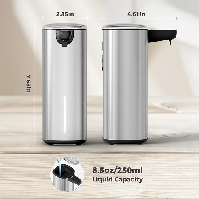 Sineng Automatic Soap Dispenser Touchless, 304 Stainless Steel Liquid Hand Soap Dispenser, 8.5oz/250ml 2 Adjustable Levels Water-Resistant and Rechargeable Kitchen Bathroom Soap Dispenser