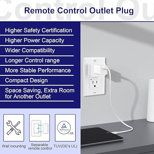 Remote Switch Outlet, GreenCyle 2 Outlet Plug with Remote, Wireless On/Off Light Switch Wall Mounted, 15A/1500W, TUV Listed, No Wiring Needed, 500ft RF Range, for Lamps, Fans, Household Appliances