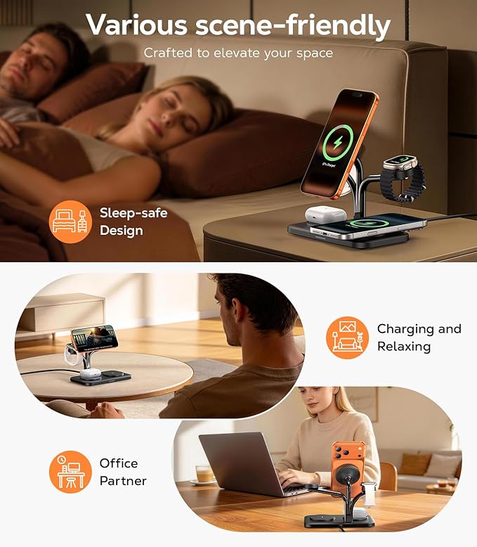 45W 5 in 1 Magnetic Charging Station for Apple Multiple Devices, Dual Phone & Apple Watch Charger Stand, Fast Wireless Charger for MagSafe Charger for iPhone 17-12 Series, for Apple Watch & AirPods
