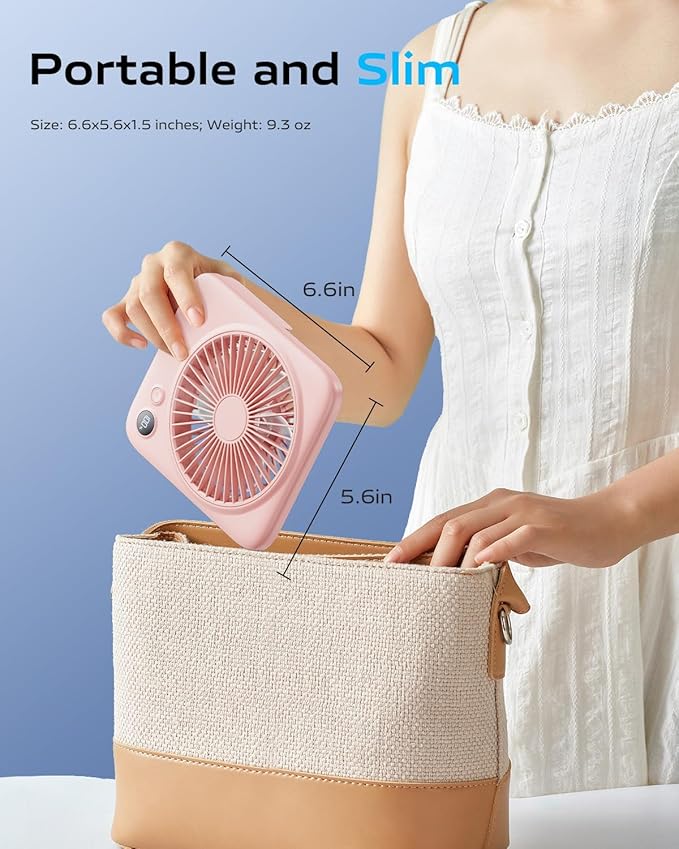 Otlonpe Portable Desk Fan 6.5 Inch, 4000mAh Rechargeable Battery Operated & USB Powered, 23Hrs Cordless Small Personal Fan 4-Speed Quiet for Office Travel Home Sleeping, Led Display, Foldable (Pink)
