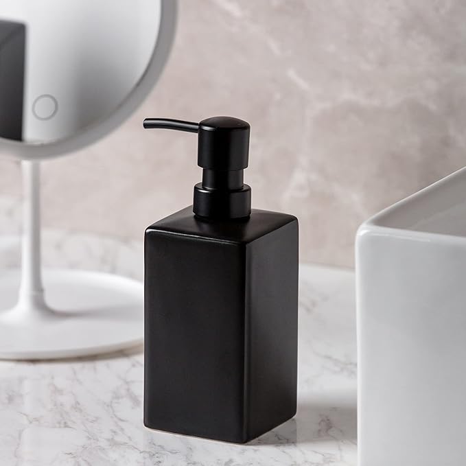 Matte Black Ceramic Square Hand Soap & Lotion Dispenser for Bathroom, Dish Soap Dispenser for Kitchen - 14oz