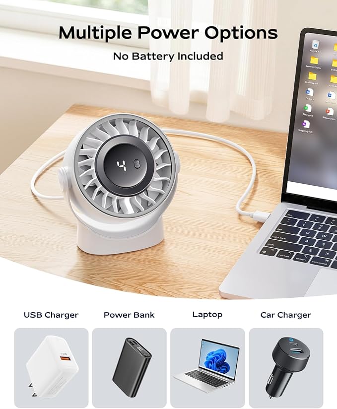 SWEETFULL USB Small Desk Fan - 5 Inch Mini Personal Desktop Fan, 4 Speeds Cooling Strong Airflow, 360° Adjustable Tilt, Quiet Portable Table Fans for Bedroom, Home, Office, Travel & Cruise, White