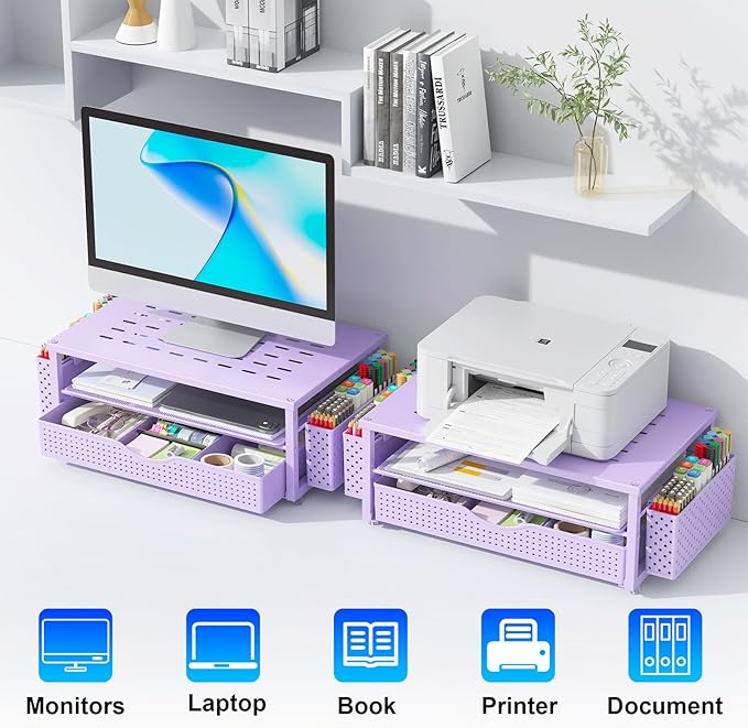 gianotter Desk Organizers and Accessories, Monitor Stand with Drawer and 2 Pen Holder, Purple Desk Accessories, Computer Stand Suitable for Offices and Dormitories (Purple)