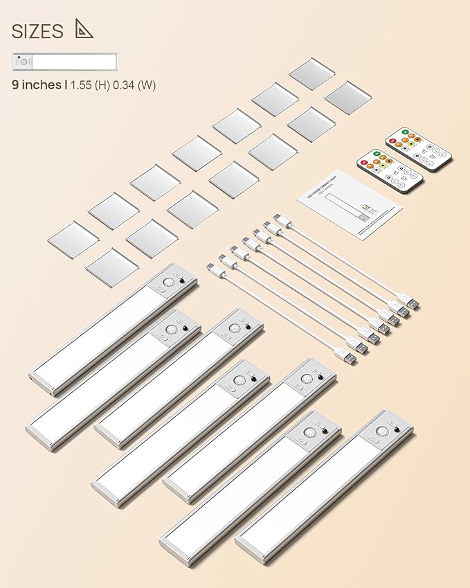 9inch Under Cabinet Lighting Wireless, Rechargeable Motion Sensor Indoor Light, 3 Color Temps & Dimmable Closet Lights with Remote, Magnetic Under Counter Light for Kitchen, Stairs, Wardrobe, 7 Pack