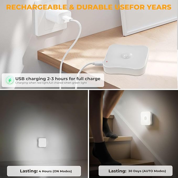Rechargeable Motion Sensor Light Indoor Stair Lights Rechargeable Battery Night Light Stick On Magnetic Motion Lights for Stair, Step, Hallway, Closet, Cabinet, Bathroom, Cool White, 4 Pack