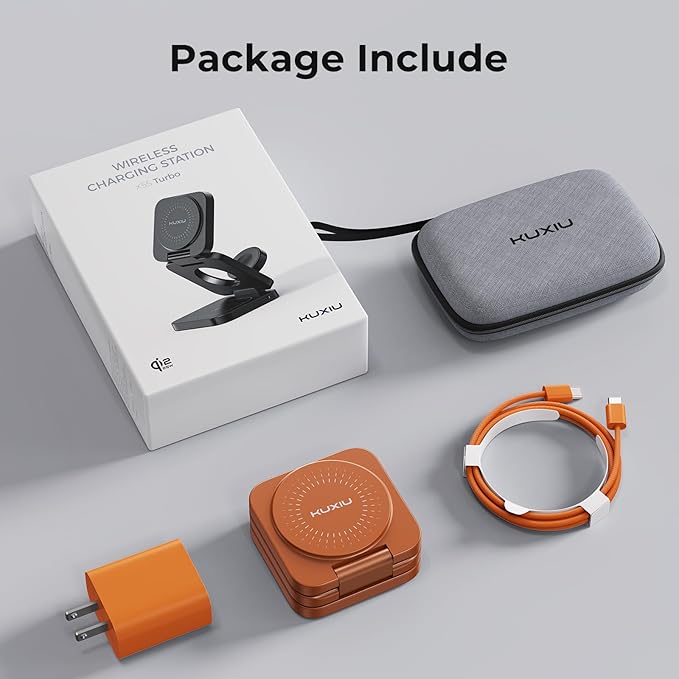 KU XIU QI 2.2 25W 3-in-1 Charging Station for Apple Device, Foldable Magnetic Charger for iPhone 17/16, 5W for Apple Watch & AirPods, Fast Travel Wireless Charging Stand with 45W Adapter