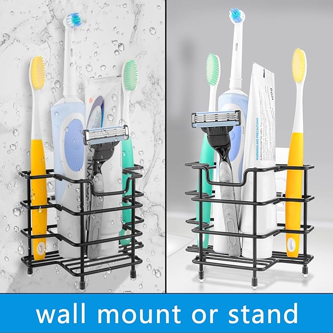 Linkidea Wall Mount Toothbrush Holder for Shower, Stainless Steel Tooth Brush Stand, Countertop 3 Slots Organizer Compatible with Colgate Extra Clean, Oral-B CrossAction (Black)