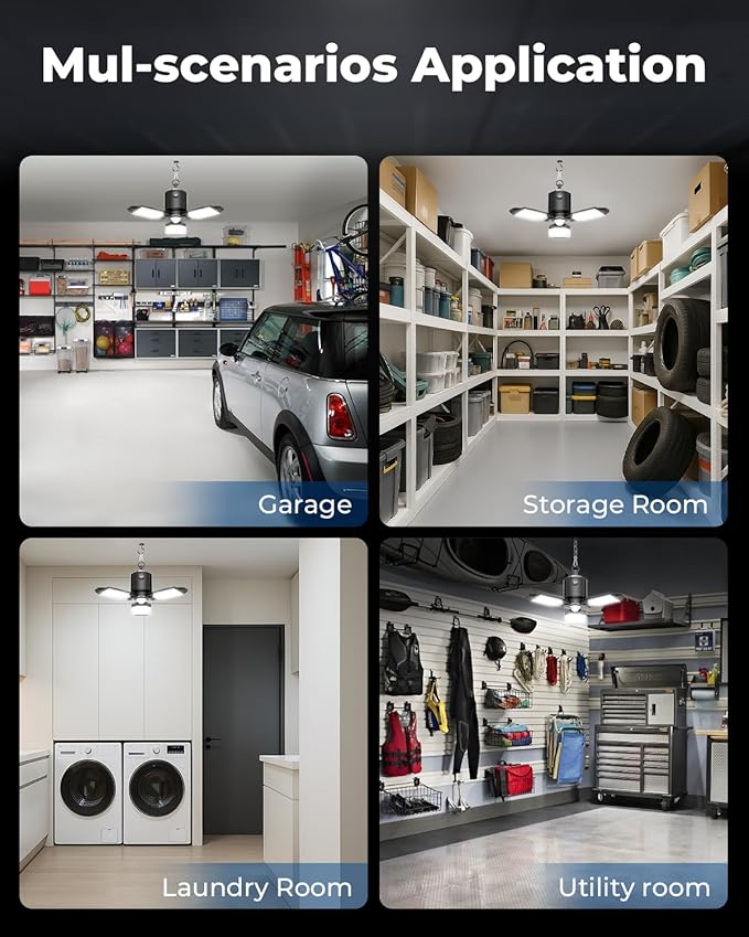 toberich Motion Sensor Garage Light Plug in, 8000LM Shop Light w/ 3 Modes, 3 Deformable LED Panels, 6500K Indoor Motion Sensor Light Bulb for Garage, Utility Room, Basement (1 Pack)