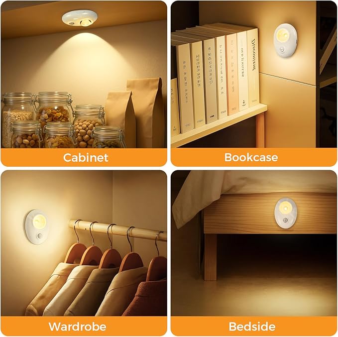 LED Motion Sensor Puck Lights, 3 Color Temps Dimmable Cabinet Light, Wireless Rechargeable Battery Operated Puck Lights, USB Magnetic Closet Light for Drawer, Shelf (4 Pack)