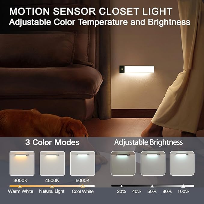 Under Cabinet Lighting, 3200mAh Wireless Motion Sensor Light Indoor, 180lm Rechargeable Battery Operated LED Closet Lights, Magnetic Under Counter Lights for Kitchen Stair (8 Inch, Cool White, 2 Pack)