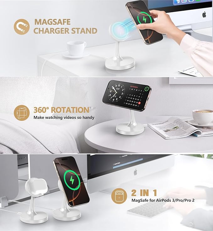 TXXTOL Magnetic Wireless Charger iPhone Stand, 15W Fast Mag-Safe Charger iPhone 17/17 Air/17 Pro/17 Pro Max 16/15/14/13/12 Series Magnet Wireless Charging Station/Pad/AirPods for Home, Office, Travel