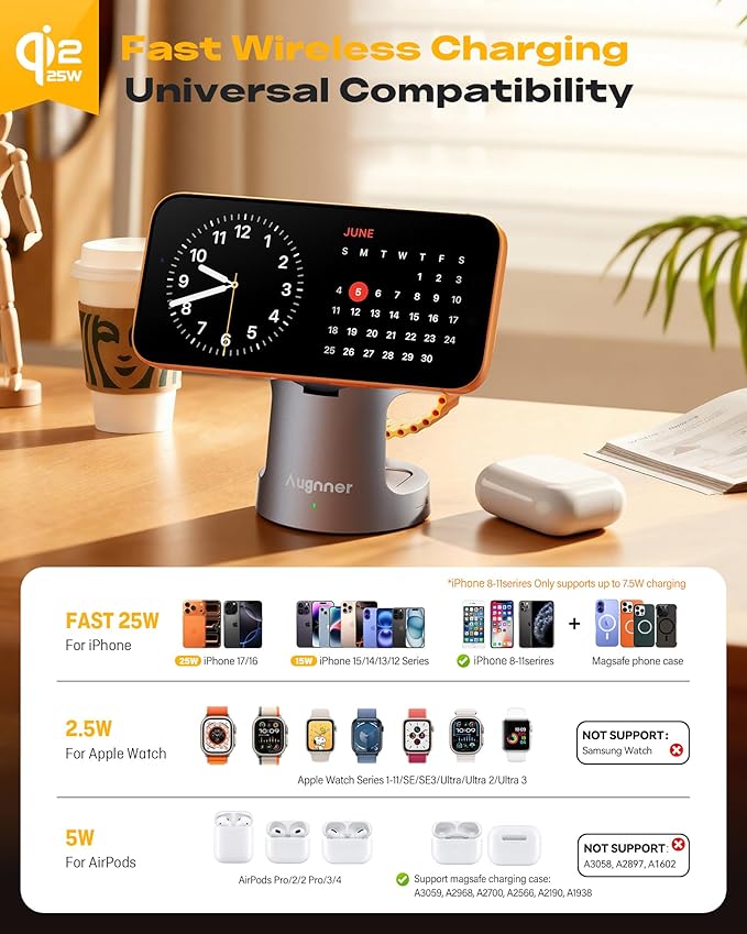 3 in 1 Charging Station Compatible with MagSafe Charger, Qi2.2 25W Magnetic Wireless Charger with Night Light, Foldable Charging Stand for iPhone 17/16/15/14/13/12, Apple Watch, AirPods (45W Adapter)
