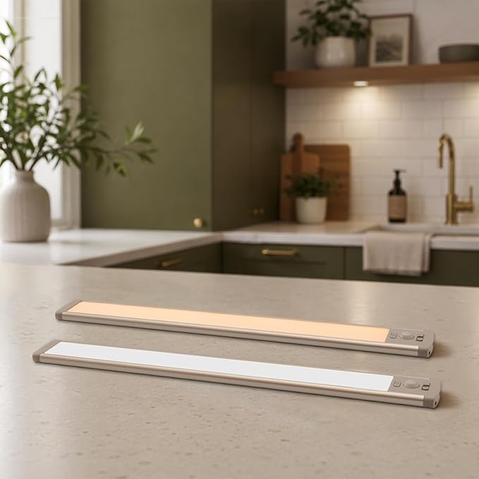 Grip 2 pc Rechargeable Under Cabinet Wireless LED Lights - Motion Sensor - Magnetic - Five Level Brightness Adjustments - Cabinets, Hallways, Stairways, Closets, Bathrooms (Warm)