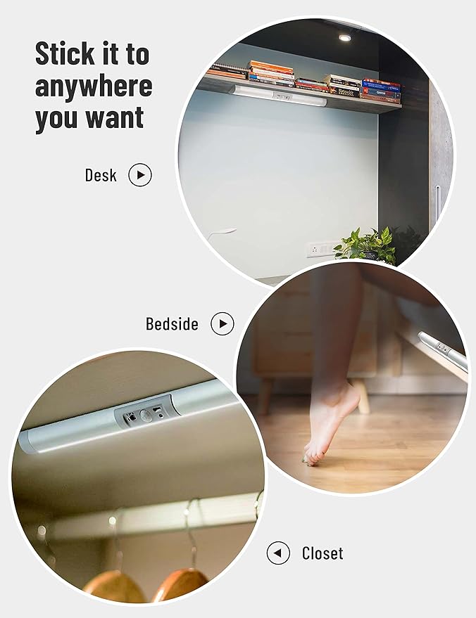 Joyzy 2 Pack Motion Sensor Closet Lighting with Eye Protection Design Automatic Closet Lights Battery Operated Pantry Light Wireless Lightings, LED Rechargeable Counter Lighting for Wardrobe