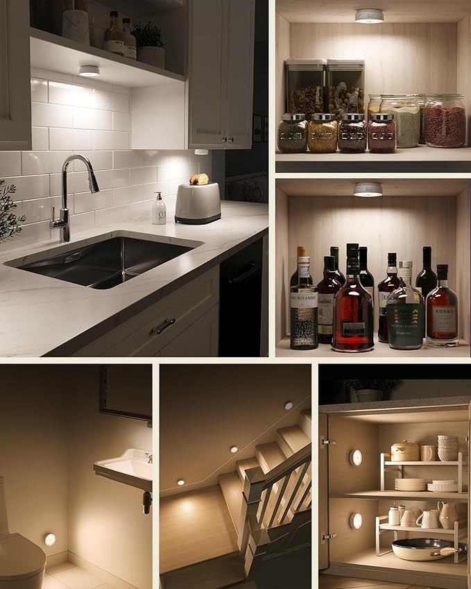 EZVALO 8 Pack Motion Sensor Closet Lights with Charging Station, 1200mAh Rechargeable LED Night Lights, Under Cabinet Lights, Puck Light, Dimmable, 3 Color Temps, Magnetic, Stick-On for Kitchen