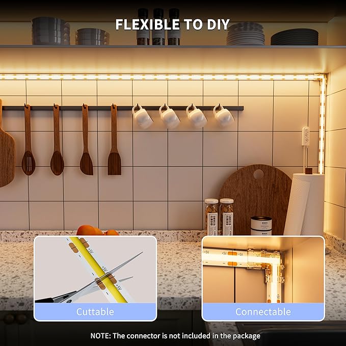 PAUTIX COB LED Strip with Motion Sensor,5V USB LED Tape Light 2700K Warm White,9.84ft Super Bright,Dimmable Motion Activated LED Strip Light for Bedroom,Cabinets,Kitchen,Stair,Closet Lighting Projects