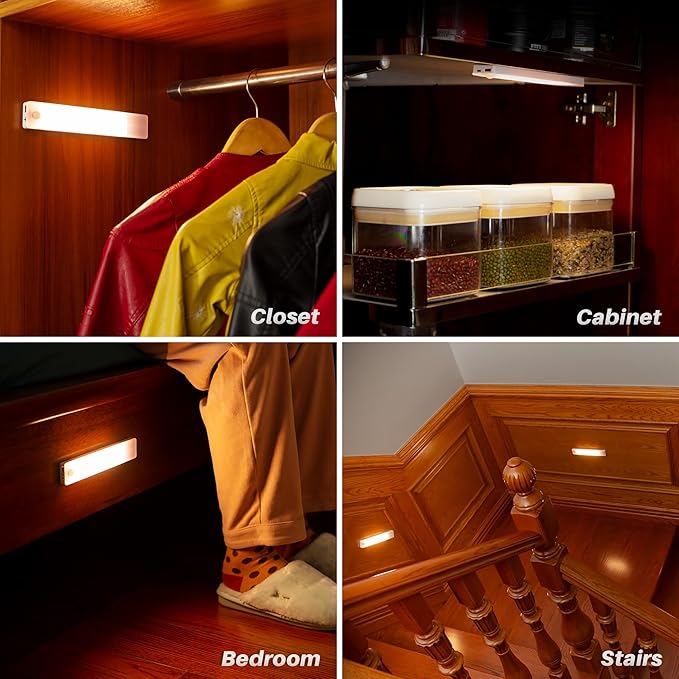 STAR-SPANGLED Under Cabinet Lighting Rechargeable, 8 inch Motion Sensor Lights Indoor Battery Operated, USB Stick on LED Magnetic Closet Light for Counter, Stairs, Kitchen, Warm White, 2 Pack