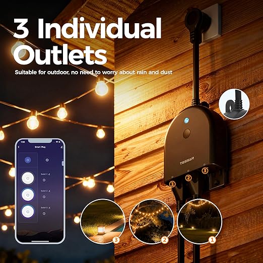 TESSAN Outdoor Smart Plug Waterproof, 2.4GHz WiFi Only, 15A/1875W Heavy Duty, 3 Individual Sockets Compatible with Alexa Google Home, Remote Control Timer