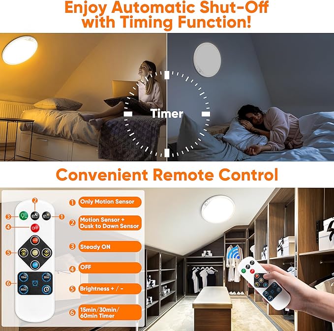 2-Pack 12" Larger 10000mAh Rechargeable Motion Sensor Ceiling Light with Remote, Battery Operated Closet Light No Wiring, Magnetic Wireless LED Ceiling Lights,3 Color Indoor Overhead Lamp for Shower