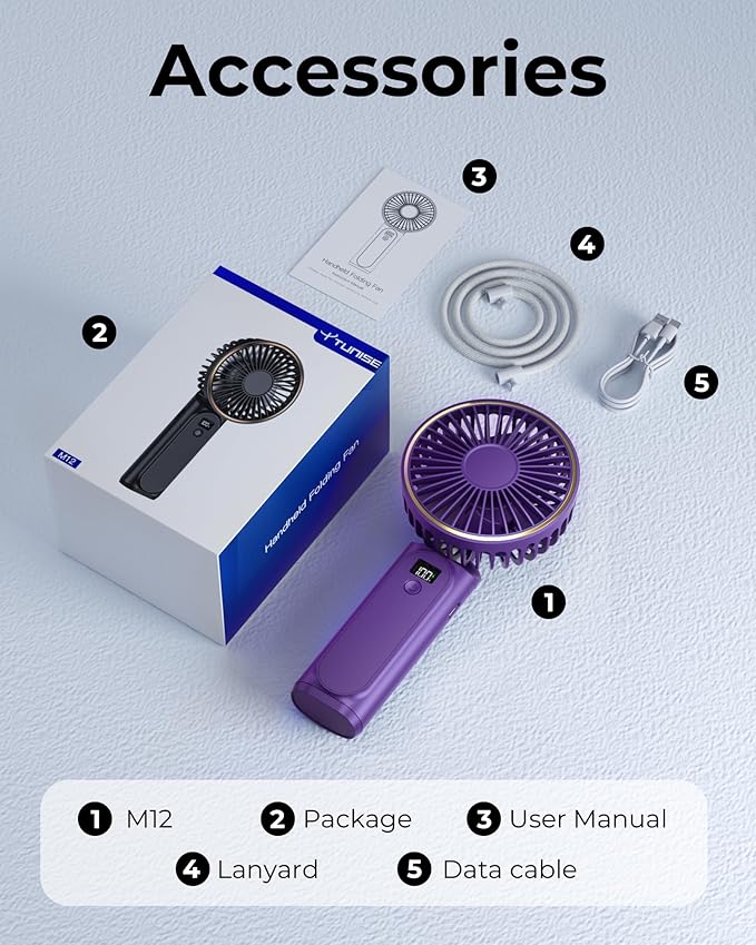 TUNISE Portable Handheld Fan, 4000mAh, 180 Adjustable, 6 Speed Wind, USB Rechargeable Foldable Fan with Real-Time Electricity Display