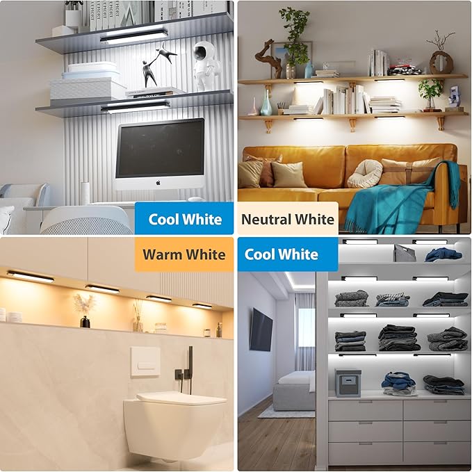 5-Pack Motion Sensor Under Cabinet Light, 3 Color Temperature Dimmable Rechargeable Magnetic Closet Light 7.9 inch Wireless Under Counter Light, Black