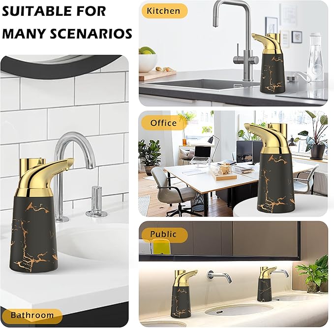 Adjustable Automatic Soap Dispenser Touchless, Ceramic Material,4 Adjustable Levels, Type-c Rechargeable Operated Sensor Liquid Soap Pump,Touch-Free Hand Sanitizer Dispenser (Black Gold)