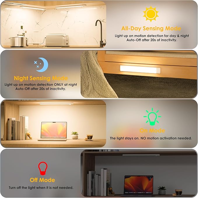 Motion Sensor Under Cabinet Lights, Magnetic Rechargeable Under Counter Closet Light, Wireless Night Light Bar Stick-On, 3-Pack, Warm White