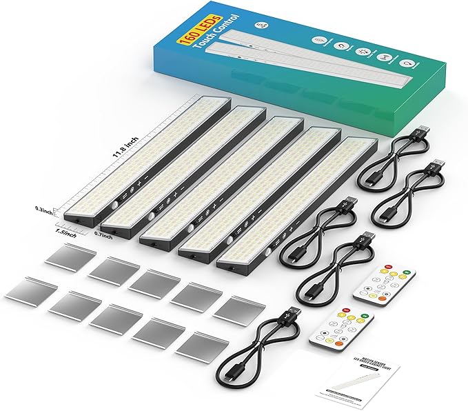 12inch 5Pack Touch Control Under Cabinet Lighting, 160LED Super Bright, 4000mAh Long-Lasting, Magnetic Rechargeable Motion Sensor Under Counter Lights for Kitchen, Closet, Remote, Dimmable, 3CCT丨Black
