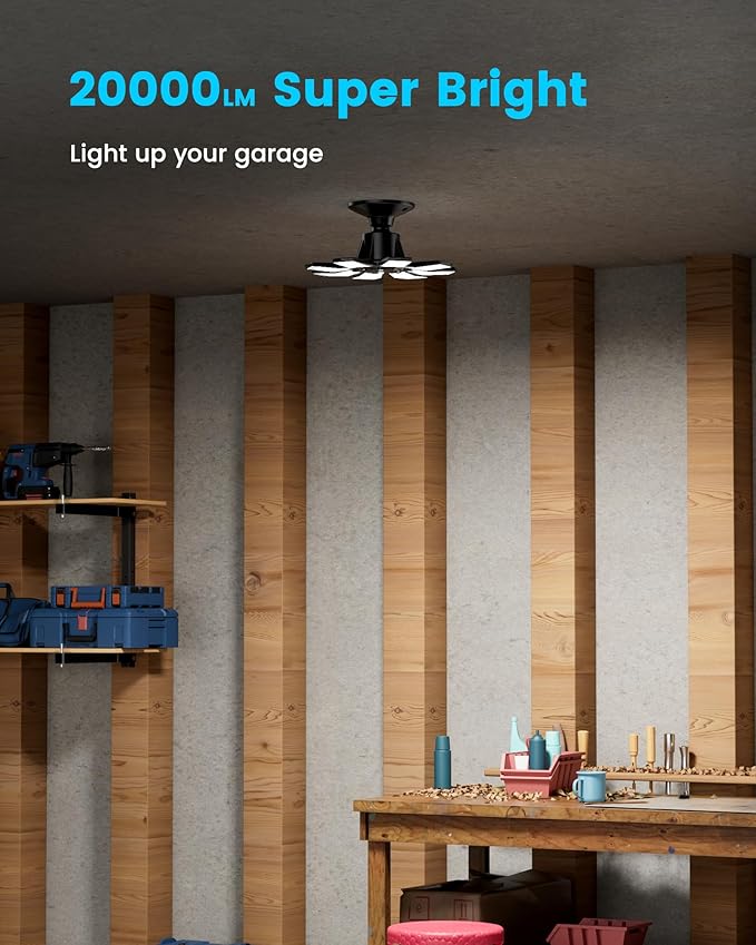 Motion Sensor Garage Light, 25000LM Motion Sensor Shop Light with 8+1 LED Panels, 6500K Daylight, Indoor Motion Activated Light Bulb for Garage, Workshop, Barn, Attic